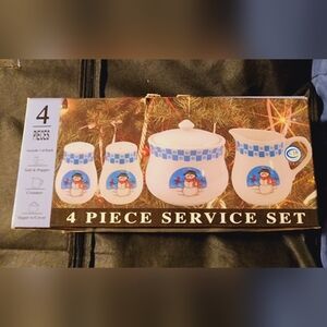 New Christmas Snowman With Cardinal Salt & Pepper Shakers, Creamer & Sugar w/lid